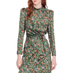 Sandro Paris Lueur Floral Print Silk Midi Dress Green Pink 34 US XS